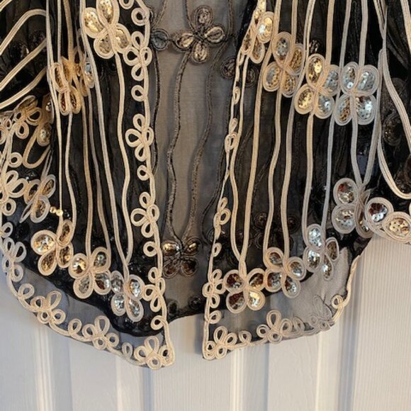 Simple Couture Women's Black Sheer Gold Sequins Decorative Ribbons Top Jacket L - Picture 2 of 9